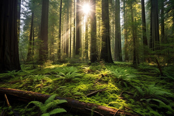 Redwood forest with towering trees  and sun shining through the trees