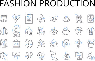 Fashion production line icons collection. Apparel manufacturing, Clothing production, Garment creation, Textile fabrication, Style creation, Wardrobe production, Accessory craftsmanship vector and