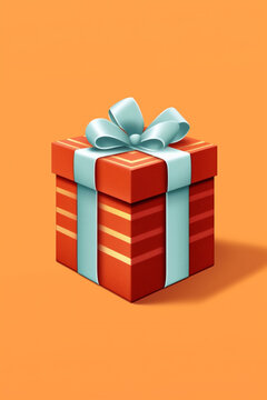 rotes Geschenk mit hellblauer Schleife auf orangenem Hintergrund. Hochformat. Hochkant. Generative Ai.