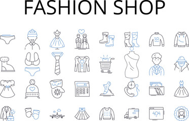 Fashion shop line icons collection. Clothing store, Style boutique, Apparel outlet, Trendy emporium, Fashion marketplace, Chic store, Clothing emporium vector and linear illustration. Stylish boutique
