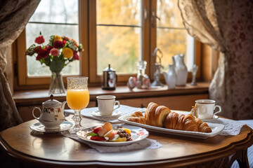 A breakfast including croissants, bread, fruit and fresh orange juice near a window side decorated with flowers in a vase