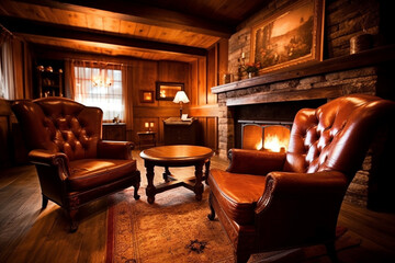 A rustic inn with a roaring fireplace and cosy feel with sofas and dim lighting
