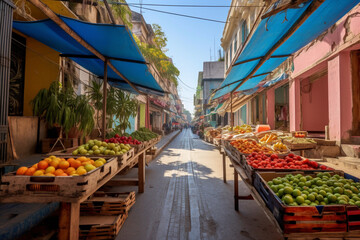 A busy colorful street market with fresh produce. Fruit and vegetable stalls in traditional street market