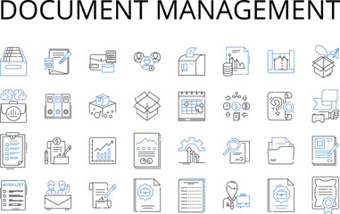 Document management line icons collection. Record keeping, File organization, Data handling, Information storage, Paper management, Digital archiving, Paperwork control vector and linear illustration