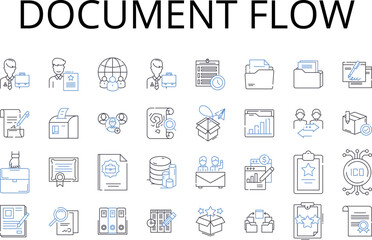 Fototapeta na wymiar Document flow line icons collection. Workflow management, Information stream, Business process, Task sequence, Process flowchart, Data pipeline, Content delivery vector and linear illustration