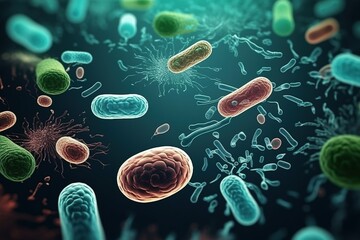 Probiotics Bacteria . Biology, Science Microscopic medicine. Digestion stomach escherichia coli, treatment, Health care medication, anatomy organism. Generative AI