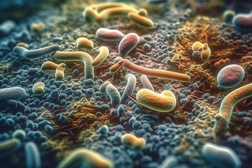 Probiotics Bacteria . Biology, Science Microscopic medicine. Digestion stomach escherichia coli, treatment, Health care medication, anatomy organism. Generative AI - obrazy, fototapety, plakaty