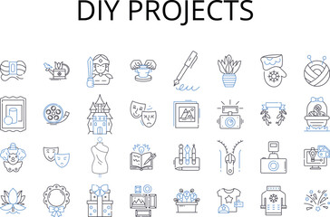 DIY projects line icons collection. Home improvement, Craft ideas, Art projects, Outdoor activities, Science experiments, Educational games, Creative pursuits vector and linear illustration. Beauty