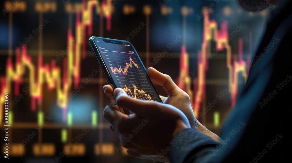 Poster a man pointing at stock charts and graphs while holding a mobile phone with generative ai