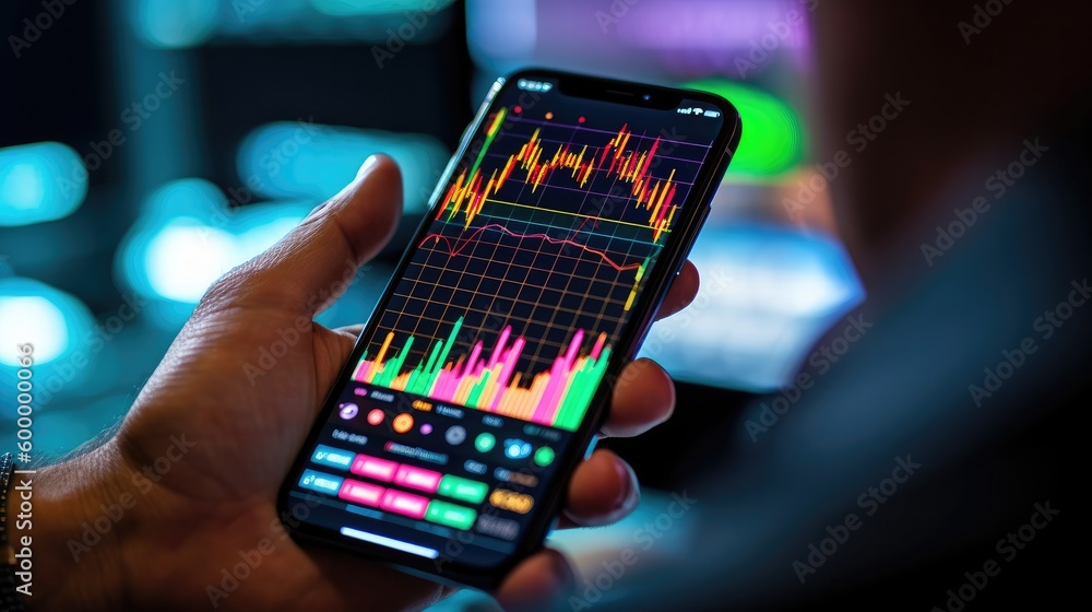 Poster a man pointing at stock charts and graphs while holding a mobile phone with generative ai