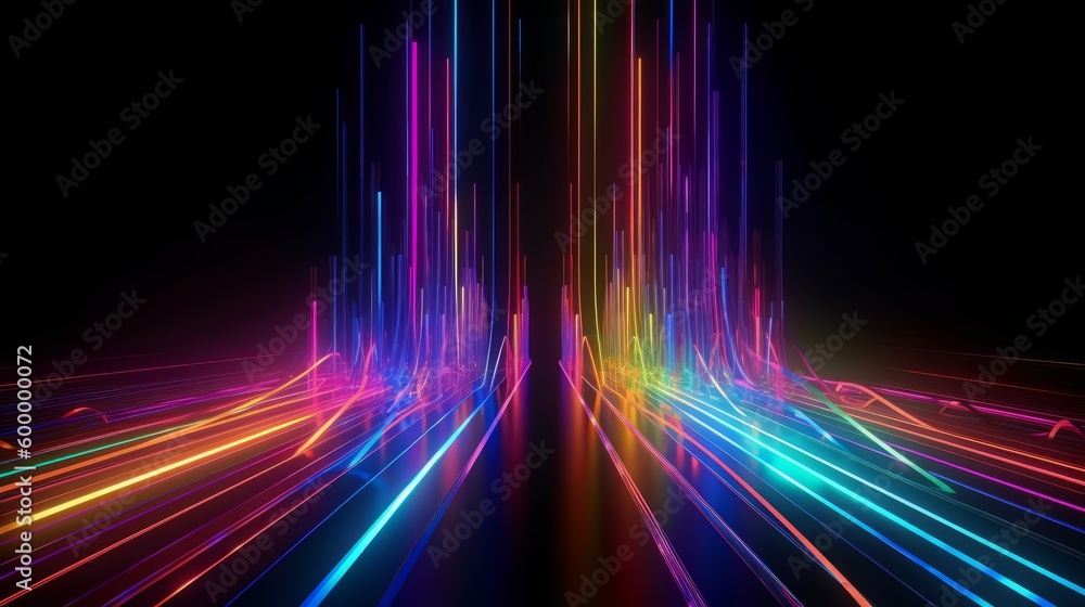 Poster Colorful neon lines creating an abstract pattern against a dark background. Generative ai