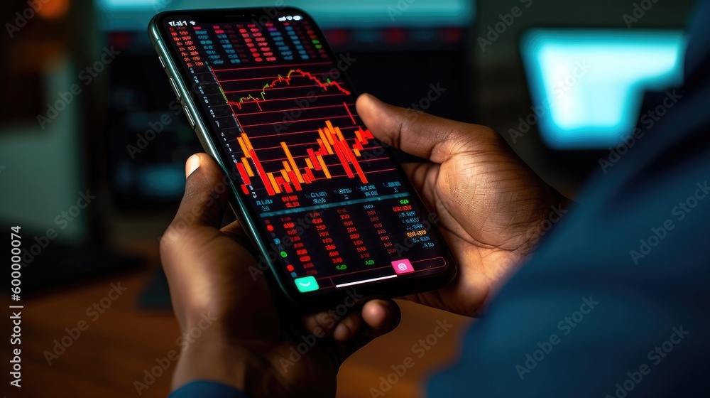 Poster a man pointing at stock charts and graphs while holding a mobile phone with generative ai