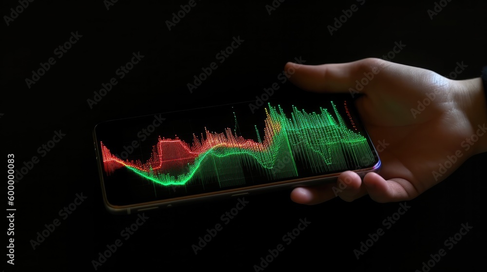 Poster a man pointing at stock charts and graphs while holding a mobile phone with generative ai