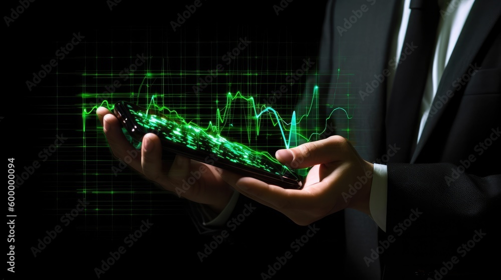 Poster a man pointing at stock charts and graphs while holding a mobile phone with generative ai