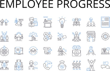 Employee progress line icons collection. Worker development, Staff advancement, Personnel growth, Workforce promotion, Job progress, Career evolution, Team maturation vector and linear illustration