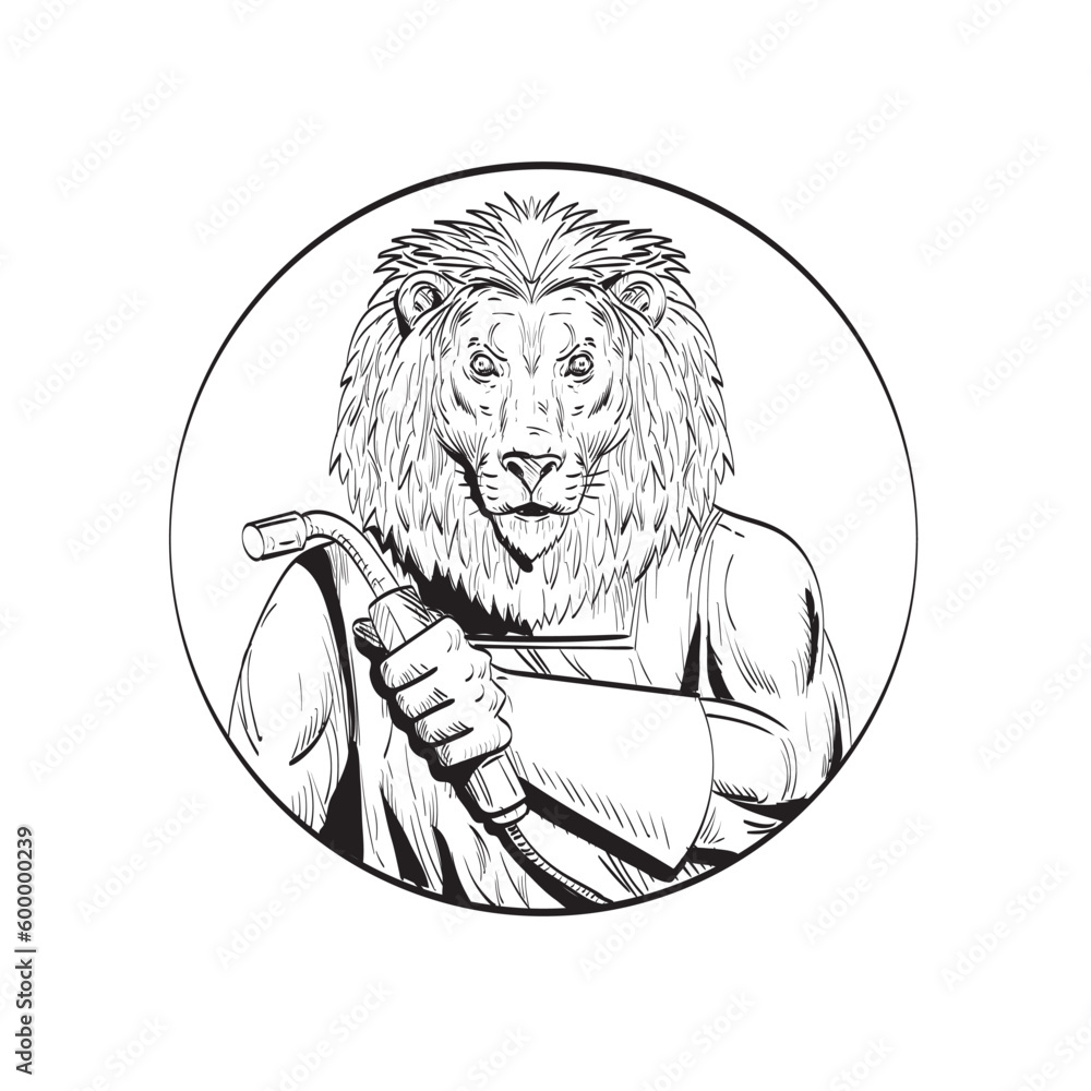 Poster line drawing sketch style illustration of a lion welder with welding torch viewed from front set ins