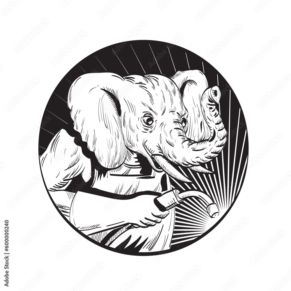 Poster line drawing sketch style illustration of a elephant welder with welding torch viewed from side set 