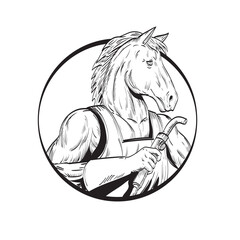 Line drawing sketch style illustration of a horse stallion welder with welding torch viewed from side set inside circle done in black and white on isolated white background.
