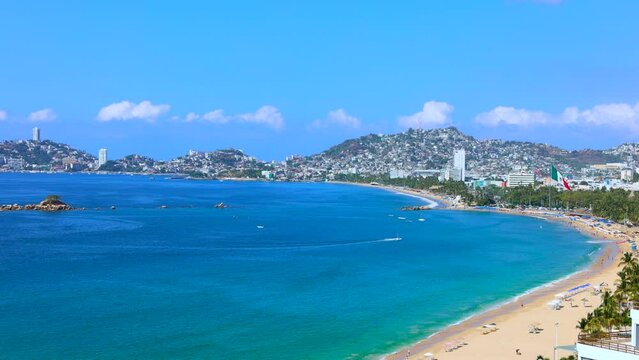 Mexico, Acapulco resort beaches and scenic ocean views near Zona Dorada Golden Beach zone.