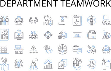 Department teamwork line icons collection. Group collaboration, Team effort, Cooperative partnership, Joint venture, Colleague support, Alliance association, Cohesive teamwork vector and linear