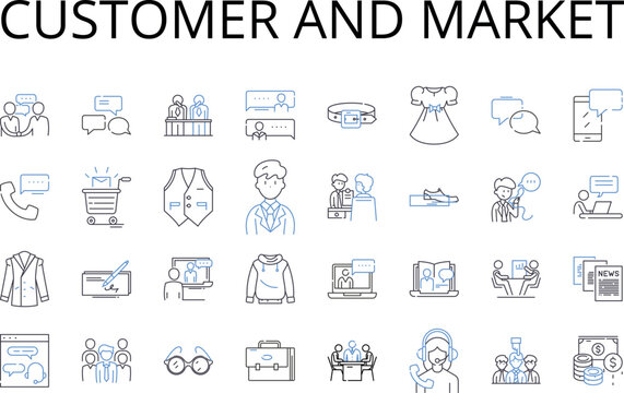 Customer and market line icons collection. Consumer, Clientele, Patrons, Buyers, Shoppers, Users, End-users vector and linear illustration. Audience,Target audience,Prospects outline signs set