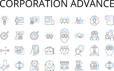 Corporation advance line icons collection. Company boost, Agency progress, Organization improvement, Business growth, Firm development, Establishment prosperity, Partnership headway vector and linear