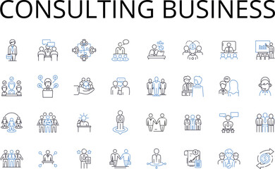 Consulting business line icons collection. Accounting firm, Advertising agency, Architecture firm, Asset management, Brand agency, Business advisory, Communications agency vector and linear