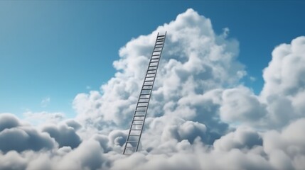 Obraz premium A ladder reaching up into the blue sky and fluffy clouds. Generative ai