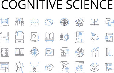 Cognitive science line icons collection. Quantum physics, Social psychology, Linguistic analysis, Cyber security, Data analytics, Environmental science, Digital marketing vector and linear