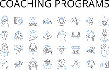 Coaching programs line icons collection. Leadership training, Professional development, Career coaching, Team-building, Executive education, Strategic planning, Skill-building vector and linear