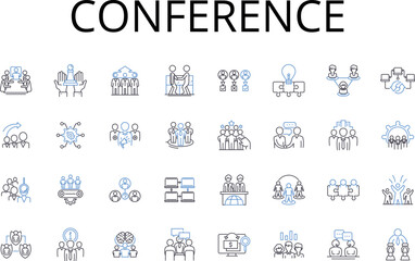 Conference line icons collection. Meeting, Assembly, Symposium, Convention, Rallying, Gathering, Summit vector and linear illustration. Convocation,Seminar,Forum outline signs set