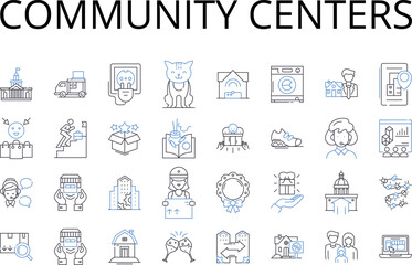 Community centers line icons collection. Learning institutions, Cultural hubs, Social spaces, Recreational centers, Civic organizations, Activity hubs, Neighborhood spaces vector and linear