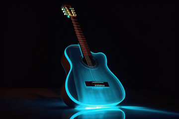 Neon blue guitar for music festival stage show. Generative AI
