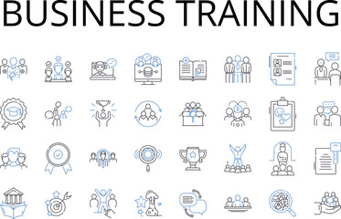Business training line icons collection. Management coaching, Career development, Professional education, Executive training, Workforce instruction, Corporate mentoring, Skill enhancement vector and