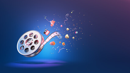 Movie film reel enjoy watching movies cinema online Entertainment media movie making with film strip, speaker, clapperboard, popcorn. Director multimedia application. clipping path. 3D Illustration.