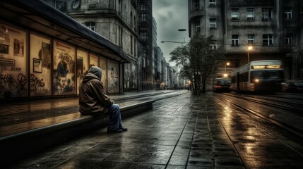 A sad and lonely person sits alone on a city street in the rain at night. Generative AI. 