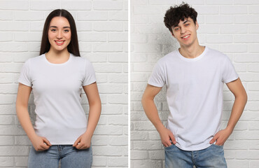 People wearing white t-shirts near brick wall. Mockup for design