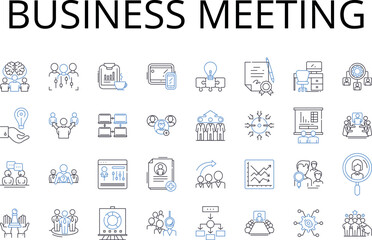 Business meeting line icons collection. Team building, Board meeting, Sales pitch, Conference call, Executive session, Office briefing, Staff huddle vector and linear illustration. Management summit