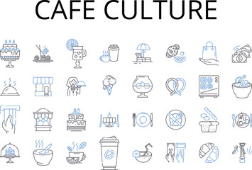 Cafe culture line icons collection. Food scene, Urban style, Street fashion, Music culture, Art community, Nightlife scene, Beach culture vector and linear illustration. Sports lifestyle,Travel