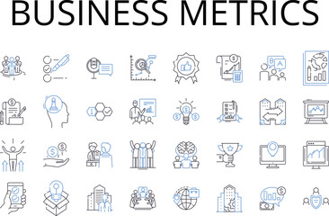 Business metrics line icons collection. Financial indicators, Performance measures, Marketing analytics, Sales metrics, Operational data, Customer insights, Project milests vector and linear