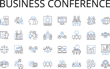 Business conference line icons collection. Corporate seminar, Entrepreneur summit, Marketing expo, Leadership workshop, Sales convention, Finance forum, Executive forum vector and linear illustration