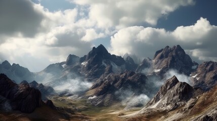 Majestic mountain range with dramatic cloud formations. Generative ai