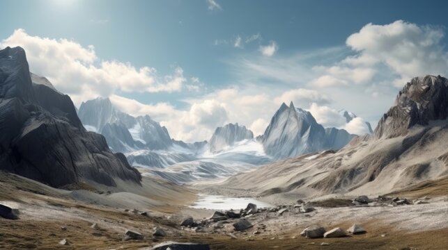 Snow-covered mountain range in the distance. Generative ai