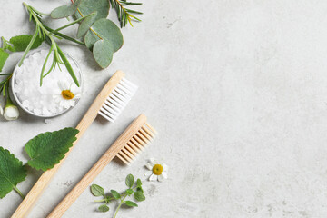 Fototapeta na wymiar Bamboo toothbrushes, flowers and herbs on light grey table, flat lay. Space for text
