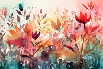 Colorful Watercolor painting background with flowers and plants. Generative Ai