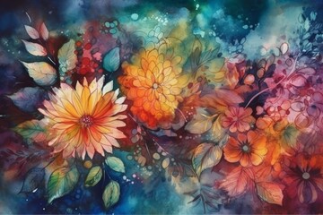 Obraz na płótnie Canvas Colorful Watercolor painting background with flowers and plants. Generative Ai