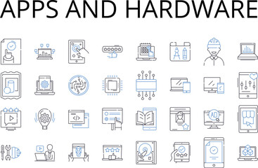 Apps and hardware line icons collection. Software and technology, Food and cuisine, Fun and entertainment, Art and creativity, Love and romance, Health and wellness, Fashion and style vector and