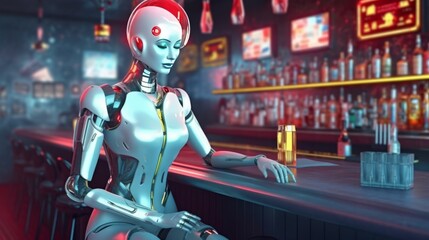 A sad robot in a bar. Generative AI. 