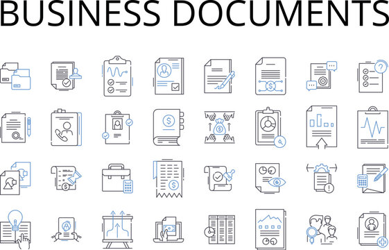Business documents line icons collection. Contracts, Agreements, Invoices, Proposals, Quotes, Receipts, Purchase orders vector and linear illustration. Sales orders,Correspondence,Reports outline