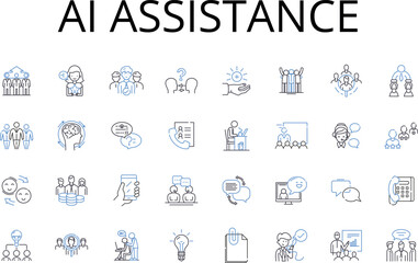 AI assistance line icons collection. Automated help, Digital support, Smart guidance, Virtual aid, Intelligent backing, Modern assistance, Robotic service vector and linear illustration. Technical